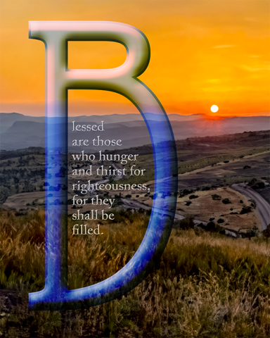 Stylized letter "B" with a biblical quote set against a scenic sunset