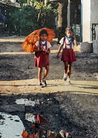 Photo watercolor of two school girls walking to school in Bayamo, Cuba.