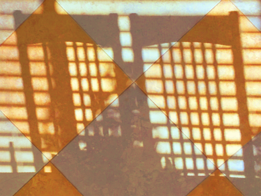 Photo abstract of chair shadows set against intersecting diagonal lines of floor tiles