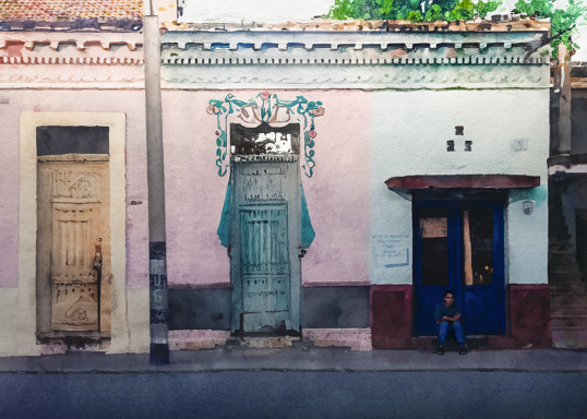 Photo watercolor of a Bayamo, Cuba street scene showcasing three doors in colorful paint