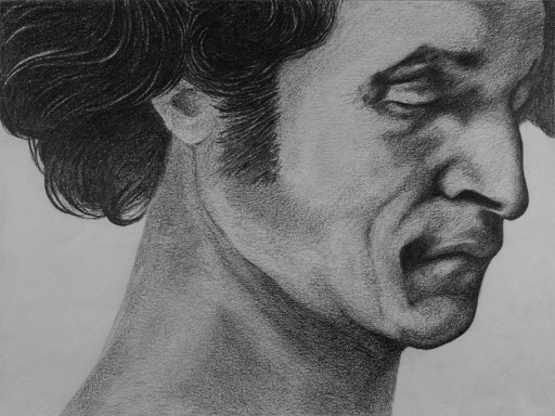 Graphite portrait of a man's face looking downward with a contemplative expression