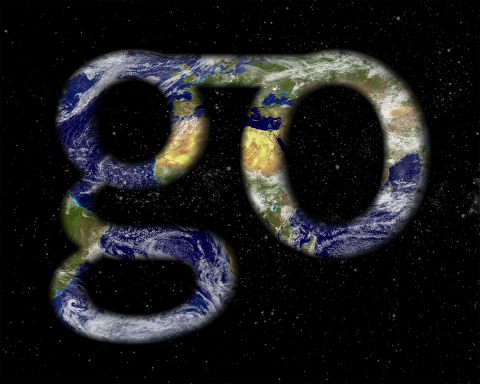 The word Go wrapped in the globe against outer space