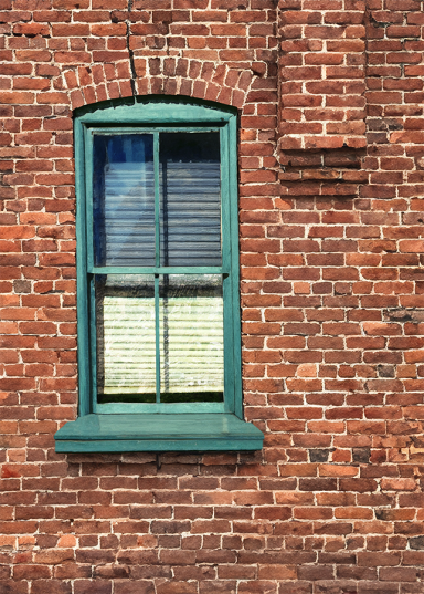 Photo watercolor of an old green window frame and a rustic brick wall