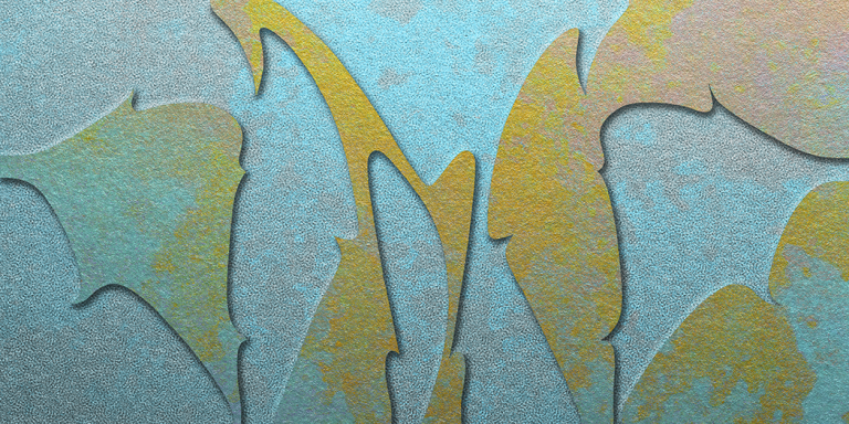 Digital abstract bas-relief in gold and teal create a dynamic, layered composition with textured surfaces