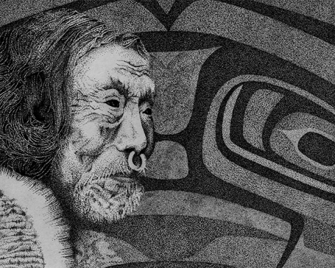 Pen and ink pointillism of an elderly Northwest native man