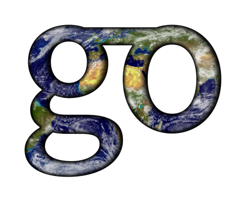 Go wrapped in the globe stylized in lowercase letters, set against a clear background